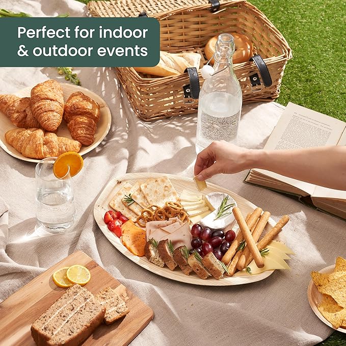 HAAGO 12 Pack 14x10 Large Palm Leaf Platters Bamboo Serving Tray (Boat) Disposable Charcuterie Boards Serving Trays & Platters for Party, Wedding & Picnic