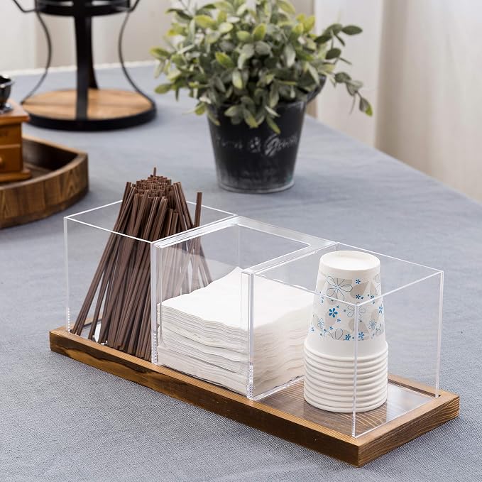 MyGift Modern Modular Coffee and Tea Station Organizer with 3 Removable Premium Clear Acrylic Compartments and Rustic Burnt Solid Wood Decorative Tray, 4 Piece Set - Image 3