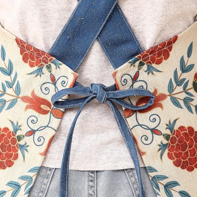 patdrea Blue Floral Linen Apron with Pocket,French Kitchen Garden Chef BBQ Aprons for Women and Men,Crisscross Back Straps - Image 7