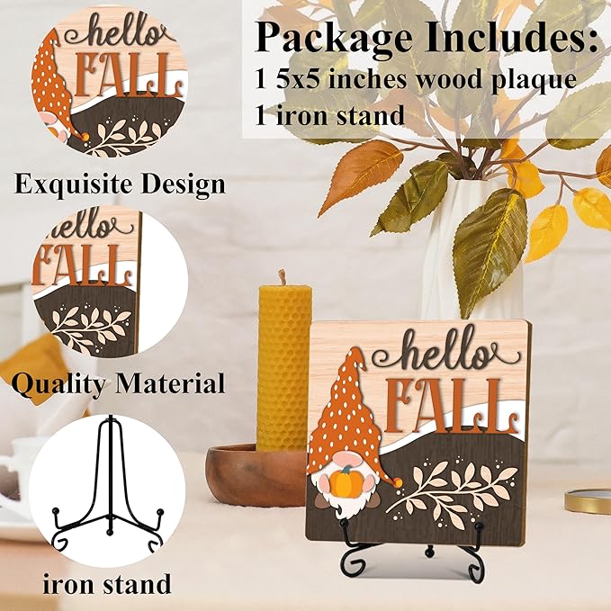 Hello Fall Home Decor Indoor, Autumn Gnome Thanksgiving Table Decor, 5"x5" Wood Plaque Gifts with Stand for Farmhouse Living Room Bathroom Kitchen Decoration -A03
