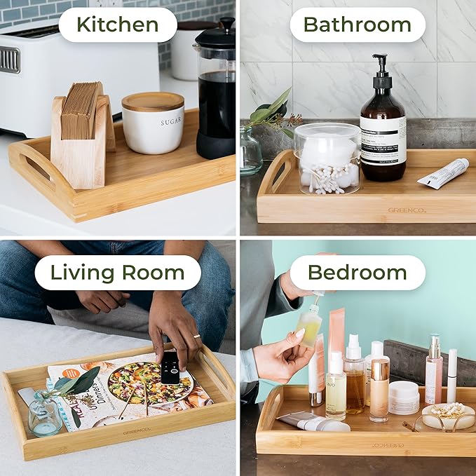 Greenco Rectangle Bamboo Butler Serving Tray with Handles - Bed Trays for Eating - Bed Tray - Breakfast Tray