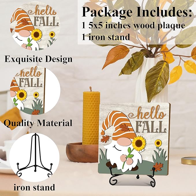 Hello Fall Home Decor Indoor, Autumn Gnome Thanksgiving Table Decor, 5"x5" Wood Plaque Gifts with Stand for Farmhouse Living Room Bathroom Kitchen Decoration -A05