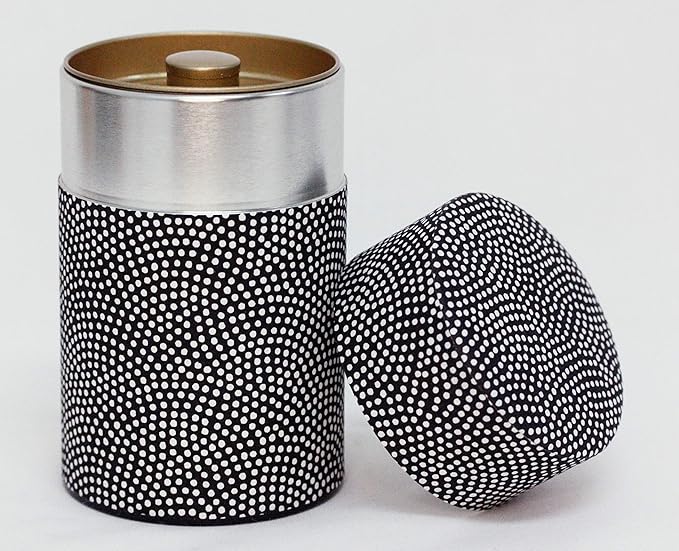 Washi Paper Tea Tin Canister: Long 3.5oz (100g) Black with White Dotted Shark Scales (#76), Japan