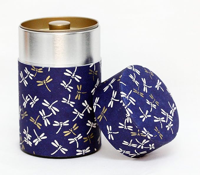 Washi Paper Tea Tin Canister: Long 3.5oz (100g) Dragon Fly in Midnight Sky (#121), Japan