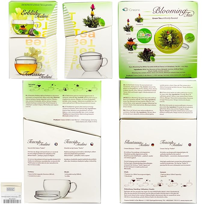 Creano Bloomning Tea Gift Set with Tea-Glass 7oz and 8 Tea-Flowers in Cup Size - Green Tea - Gift for Women, Mother, Tealovers