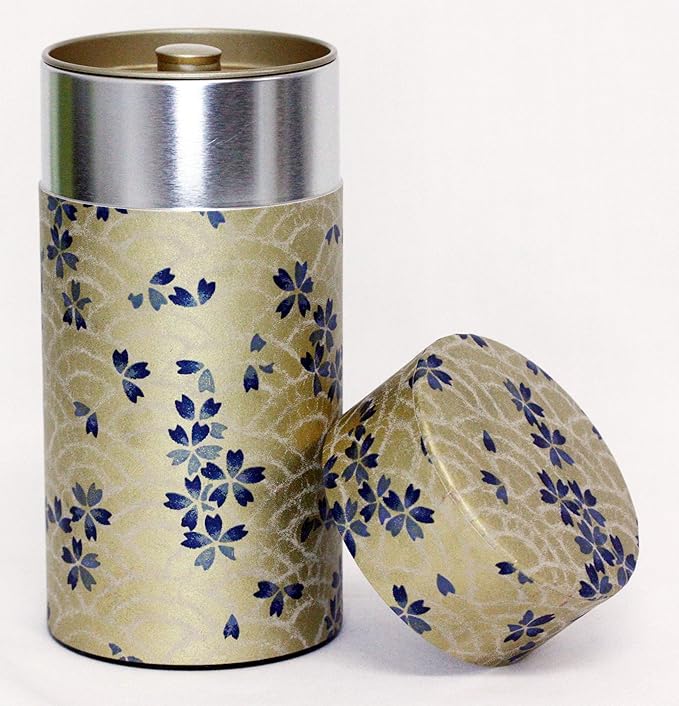 Washi Paper Tea Tin Canister: Long 7oz (200g) Blue and Gold cherry blossoms (#106), Japan