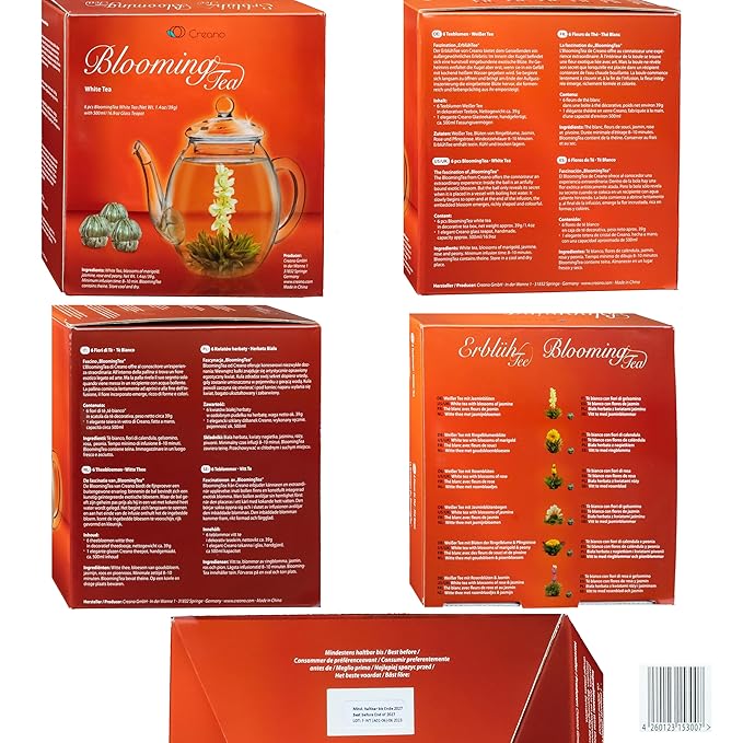 Creano Flowering Tea Gift Set - White Tea – 6 Blooming Tea with 17oz Glass Teapot
