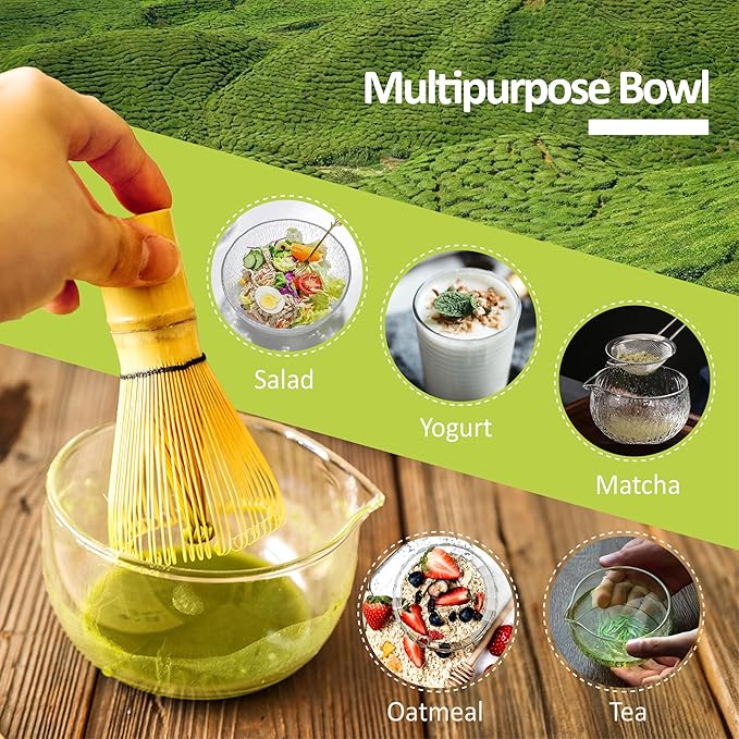 Matcha Bowl and Whisk Holder Set, Glass Matcha Bowl with Spout, Ceremonial Mixing Chawan, Clear Traditional Japanese Matcha Kit for Tea/Matcha Powder/Soup - Hammer Pattern