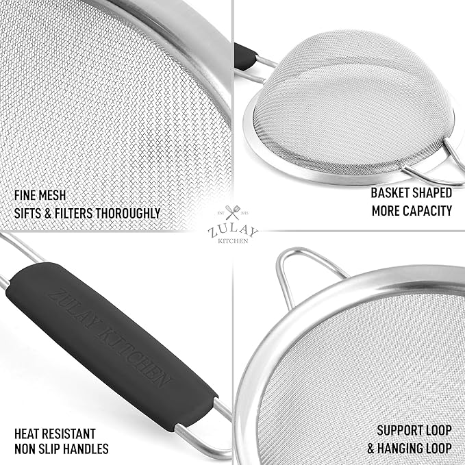 Zulay Kitchen Premium Stainless Steel Fine Mesh Strainer Set - Strainers For Kitchen (Set of 3) With Non-Slip Handles - Includes A Small, Medium & Large Fine Mesh Sieve Set - Durable Metal Strainer