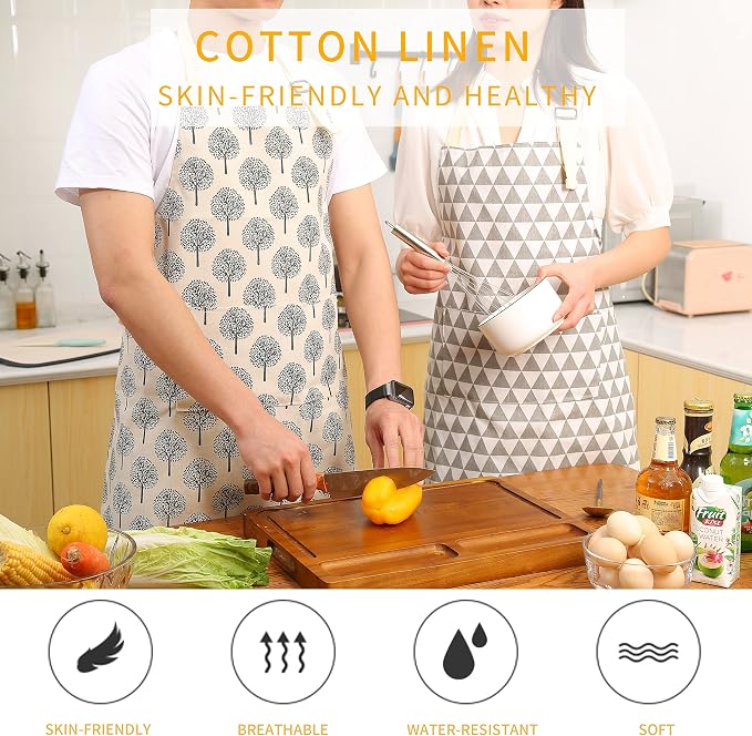 Tosewever 2 Pieces Cotton Linen Waterproof Bib Apron with 2 Pockets - Long Ties Adjustable Neck Strap - Unisex Cooking Kitchen Decorative Pattern Aprons for Women Chef (Triangle/Tree, 2) - Image 2