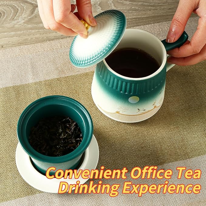 Tea Cup with Infuser and Lid,Loose Leaf Tea Steeper Cup 14.8oz Ceramic tea Infuser Mug Travel Large Steeping Cup Diffusers Mugs with Fine Strainer and Handle (White&Green)