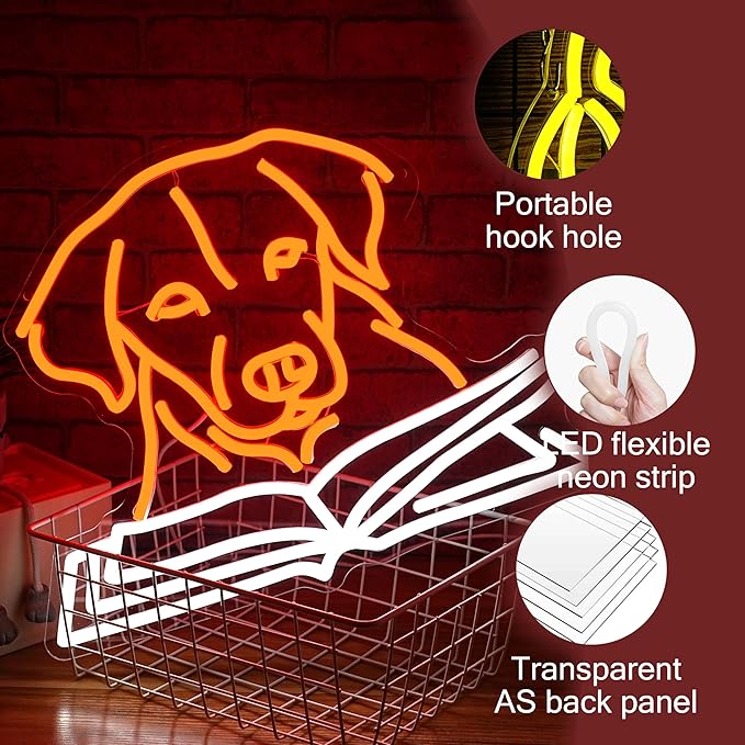 Golden Retriever Reading Book Neon Sign for Wall Decor Usb Powered Labrador Dog Light Up Sign Unique Dimmable Read Books Led Sign for Bookstore Study Room Cafe Pet Shop (16.14 * 12.6 in)