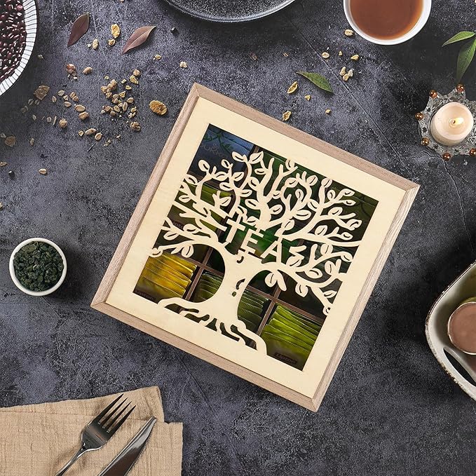 handrong Tea Box Organizer,Wood Teas Bag Holder,Tea Organizers and Storage,Teas Organizer with Tree Pattern for Home Kitchen Office