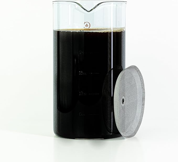 French Press Replacement Glass with Steel Filters by Cafe Crush Club - Fire Hardened Borosilicate Beaker - 34 Ounce | 1 Liter Size with Black Measures