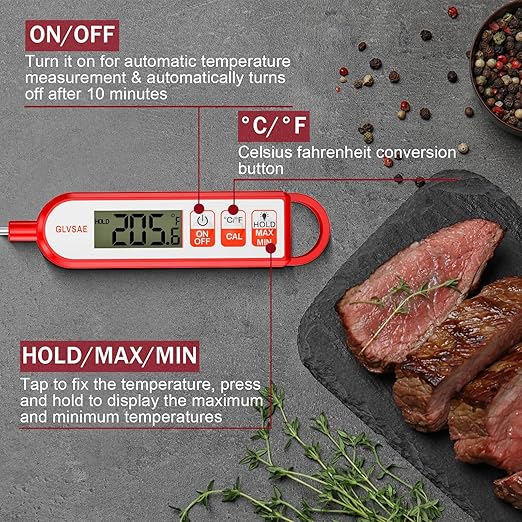 Digital Meat Thermometer Instant Readings in 1-2 Seconds Food Thermometer with Extended Probe Waterproof for Cooking, Confectionery Making, Barbecuing and as a Gift for Friends and Family