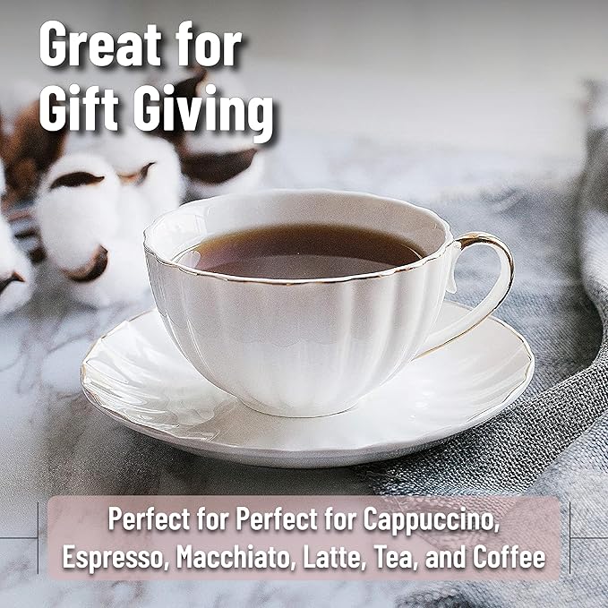 BTaT- Cappuccino Cups with Saucers 7 oz, Set of 12, White Porcelain Coffee Cup and Saucer Set for Latte with Golden Trim Design, Dishwasher Safe, Mocha, Tea, Au Lait, Flat White