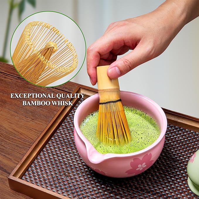 Matcha Whisk Set Matcha Making Kit Bamboo Chasen Ceramic Whisk Holder Stand Sifter Scoop Japanese Tea Tools (Green)