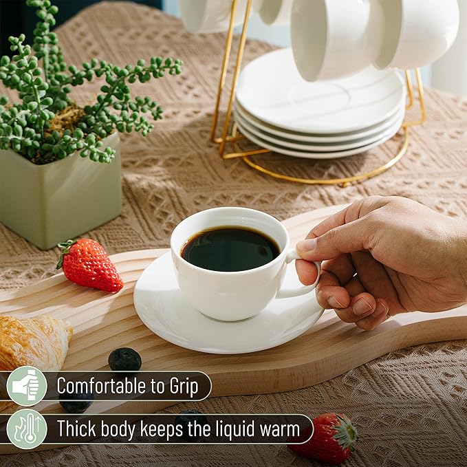 BTaT- Cappuccino Cups with Saucers 8 oz, Set of 12, White Porcelain Coffee Cup and Saucer Set for Latte, Mocha, Tea, Au Lait, Flat White, Dishwasher, Microwave, Freezer and Oven Safe