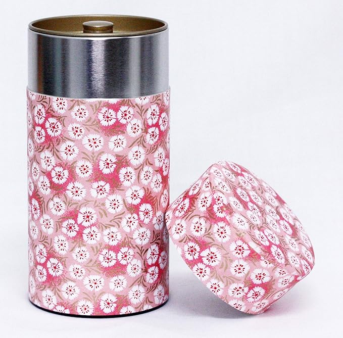 Washi Paper Tea Tin Canister: Long 7oz (200g) Pink Dianthus (#39), Japan