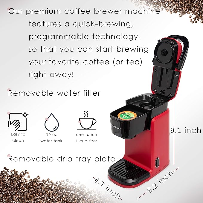 Mixpresso Red Single Serve Coffee Maker for K Capsule, Compact Mini Coffee Maker 800 Watt Coffee Machine for Pods or Ground, Fast Brew, Auto Shut Off, 12 Oz Brew Size for Travel, Office, RV and Dorm