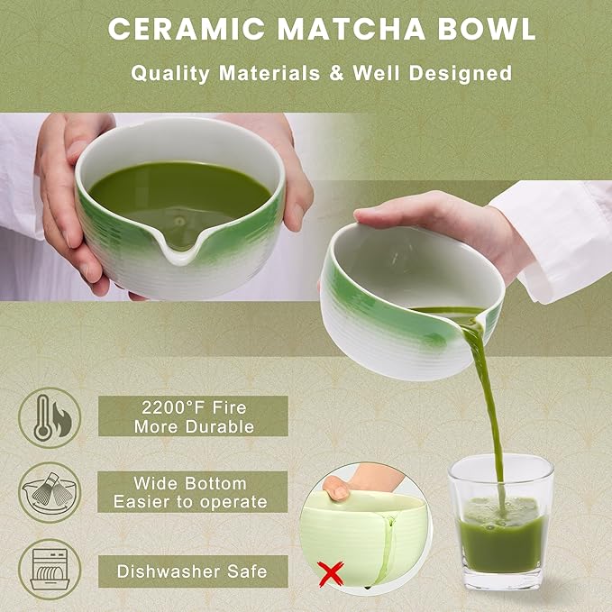 Matcha Set: Matcha Bowl with Spout, Whisk, Whisk Holder, Bamboo Spoon & Scoop - 6 Pcs, Green, Bamboo