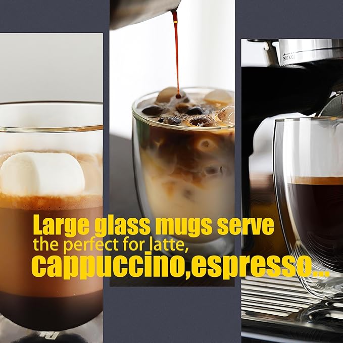 PunPun 17oz.500ml Large Coffee Mug,Double Walled Clear Mugs,Coffee Glass Cup, Heat Resistant Borosilicate Clear Glasses,Premium Glasses, Set of 2
