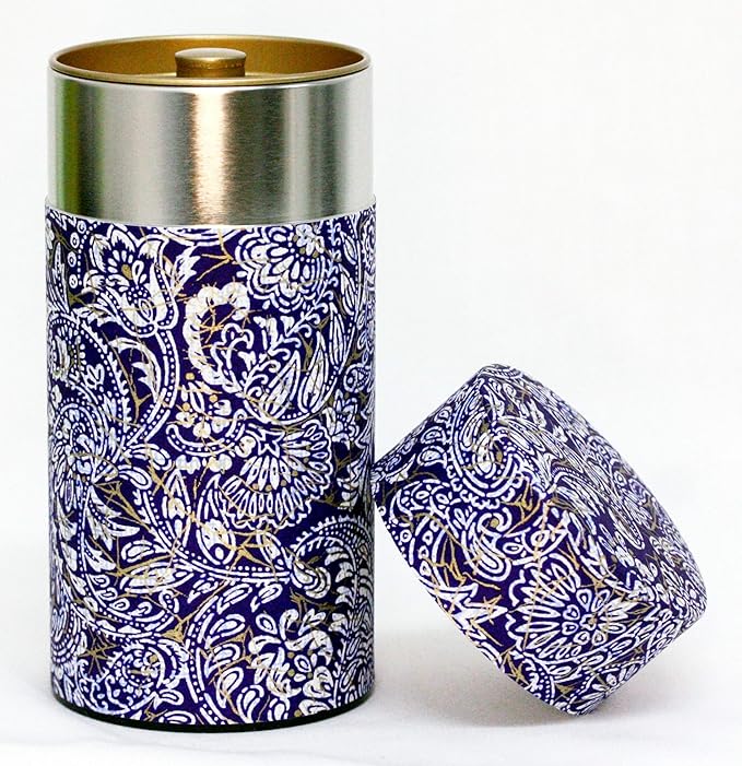 KOTODO Washi Paper Tea Tin Canister: Long 7oz (200g) Purple backdrop with white paisley (#136), Japan
