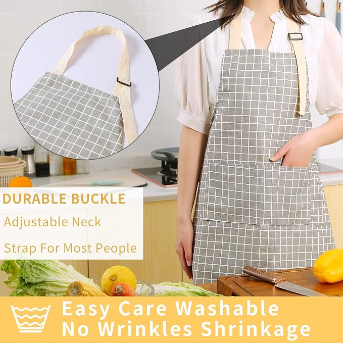 Tosewever 2 Pieces Kitchen Cooking Aprons, Waterproof Linen Adjustable Bib Aprons with 2 Pockets for Women Men Chef (Grey Stripes/Plaids, 2) - Image 4