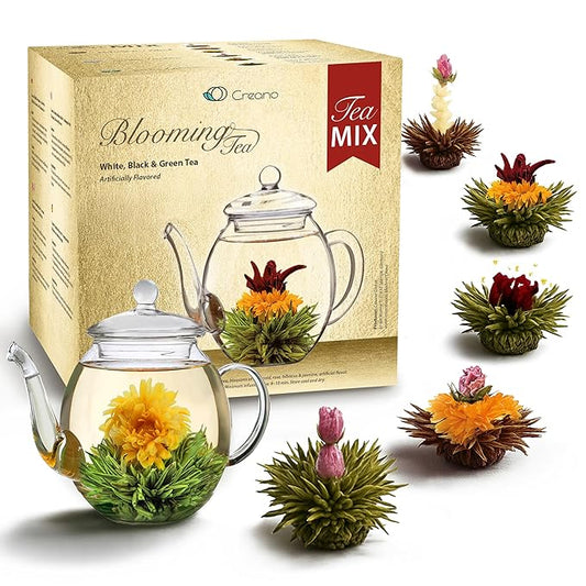 Creano Tea Flowers Mix Golden Gift Set Blooming Tea with Glass Teapot White, Green & Black Tea in 6 Varieties Tea Flower Blooming Tea Gift for Women