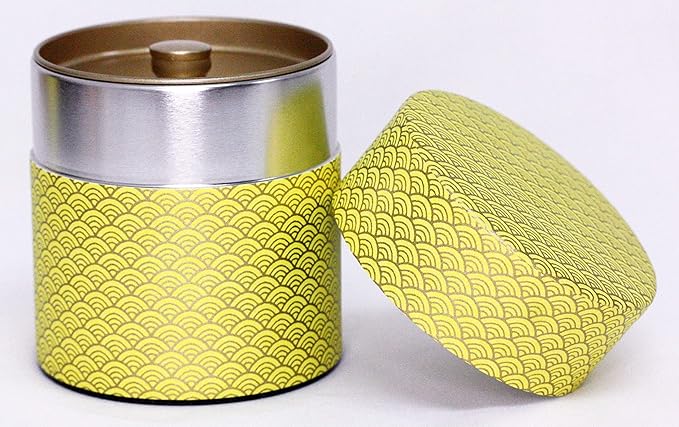 Washi Paper Tea Tin Canister: Wide 5.3oz (150g) Bright Yellow Waves with Gold Outlines (#87), Japan