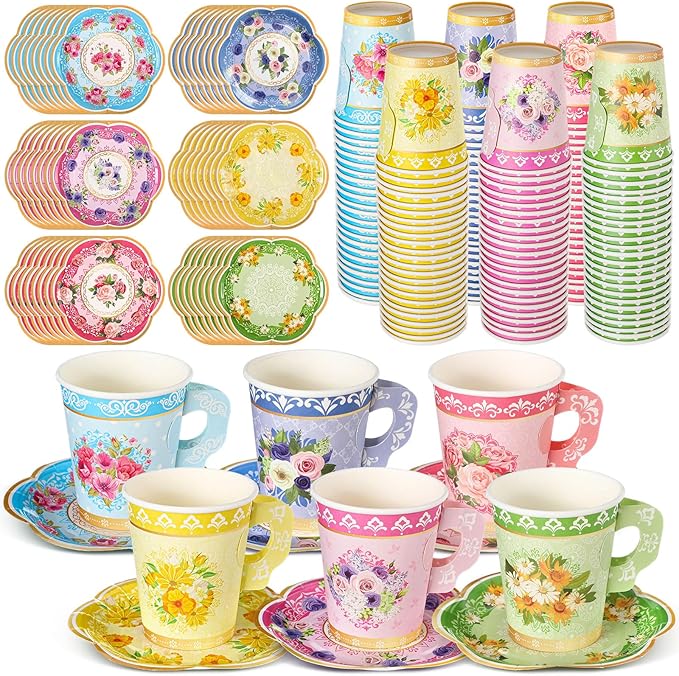 Nuogo 300Pcs Floral Paper Tea Cups and Saucers 9 OZ Disposable Tea Cup with Handle and Plates for Party Supplies Wedding Birthday Baby Shower Bridal Mother's Day, Serve 150 Guest(Fresh Color)