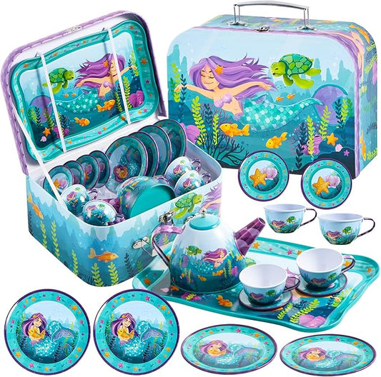 JOYIN Mermaid Tea Party Set for Little Girls, Pretend Tin Teapot Set, Princess Tea Time Play Kitchen Toy with Teapot, Cups, Plates, Carrying Case for Easter Birthday Gifts Kids Toddlers Age 3 4 5 6