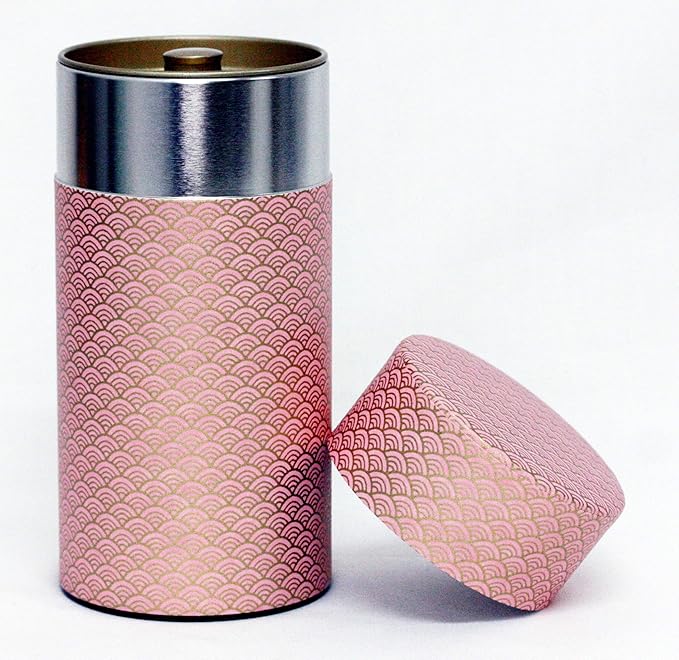 Washi Paper Tea Tin Canister: Long 7oz (200g) Baby Pink Waves with Gold Outlines (#90), Japan