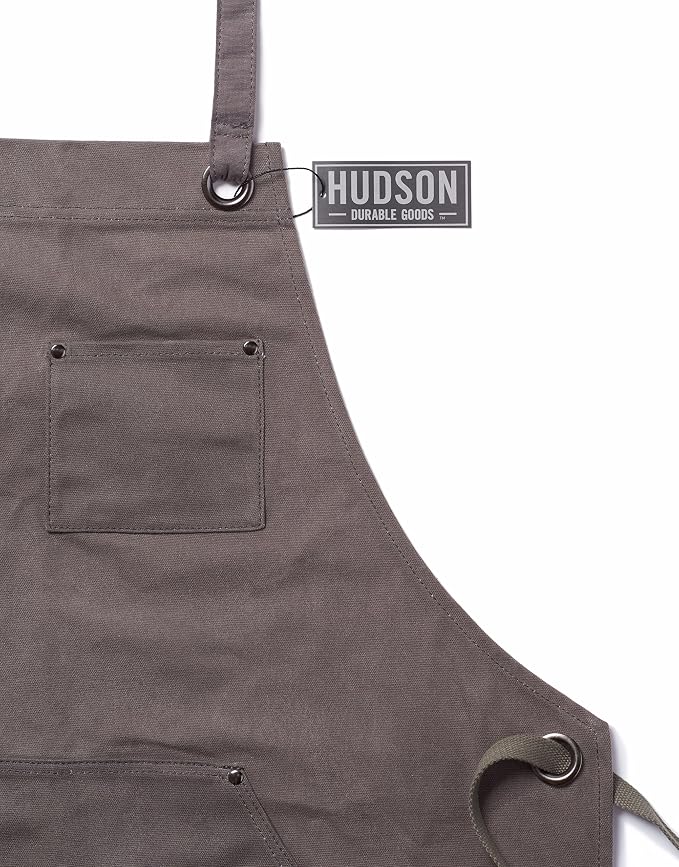 Hudson Durable Goods Heavy Duty Waxed Canvas Work Apron with Tool Pockets (Black), Cross-Back Straps & Adjustable M to XXL (Grey) - Image 5