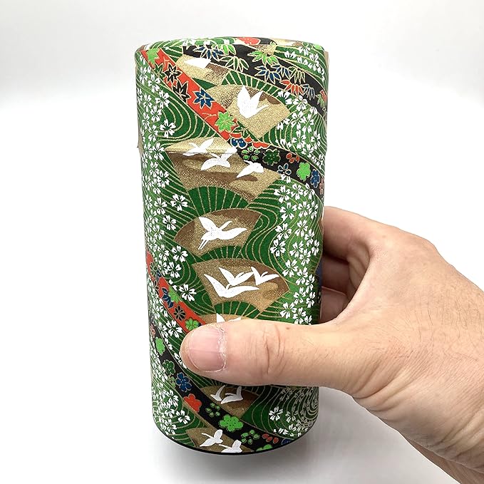 Japanese Tea Canister Tin Crane on a Fan Green/Double Lid/Japanese YUZEN Washi Paper Pasted /200g Tea Capacity/Loose Leaf Tea Storage/Storage Container with Lid