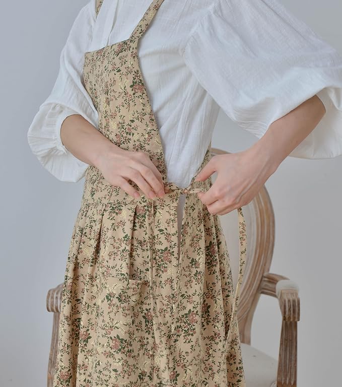 Japanese Cotton Linen Cross Back Apron with Pockets,Fashion Pinafore Dress for Gardening Painting Cleaning Cooking - Image 6