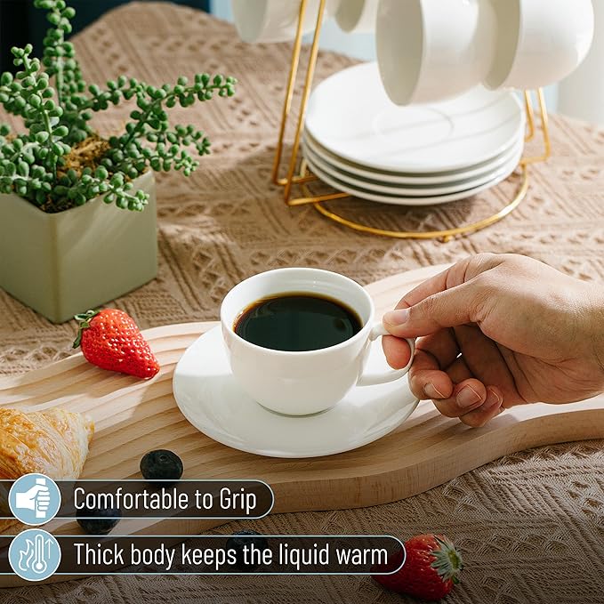 BTaT- Cappuccino Cups with Saucers 6 oz, Set of 6, White Porcelain Coffee Cup and Saucer Set for Latte, Mocha, Tea, Au Lait, Flat White, Dishwasher, Microwave, Freezer and Oven Safe