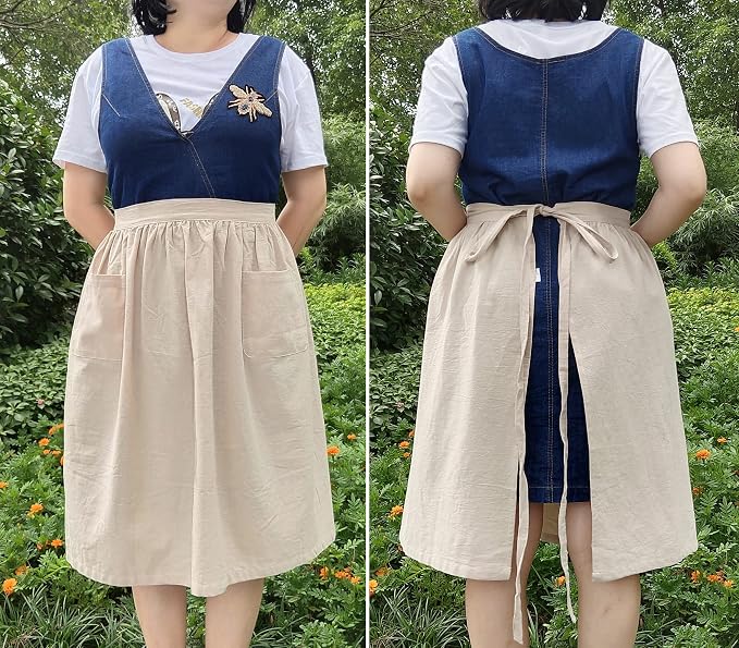 Unisex Chef Aprons White Retro Cotton Maid Short 2 Pockets Waist Waiter Waitress Half Apron - Image 4