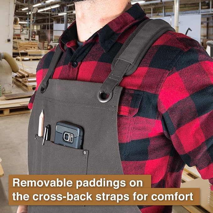 Hudson Durable Goods Woodworking Edition Waxed Canvas Tool Apron for Men and Women, Heavy Duty Work Apron with Front Pockets, Adjustable Padded Straps, Quick Release Buckle, Crossback - One Size, Grey - Image 4