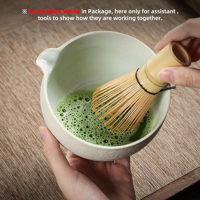 TEANAGOO Matcha Bowl with Spout, 2-PCS Ceramic Matcha Bowl and Whisk Holder (Chawan), 18 OZ/510ML White Bowl with Stand, Green Tea Traditional Ceremonial Accessories, Gift Set for Friend, Matcha Set