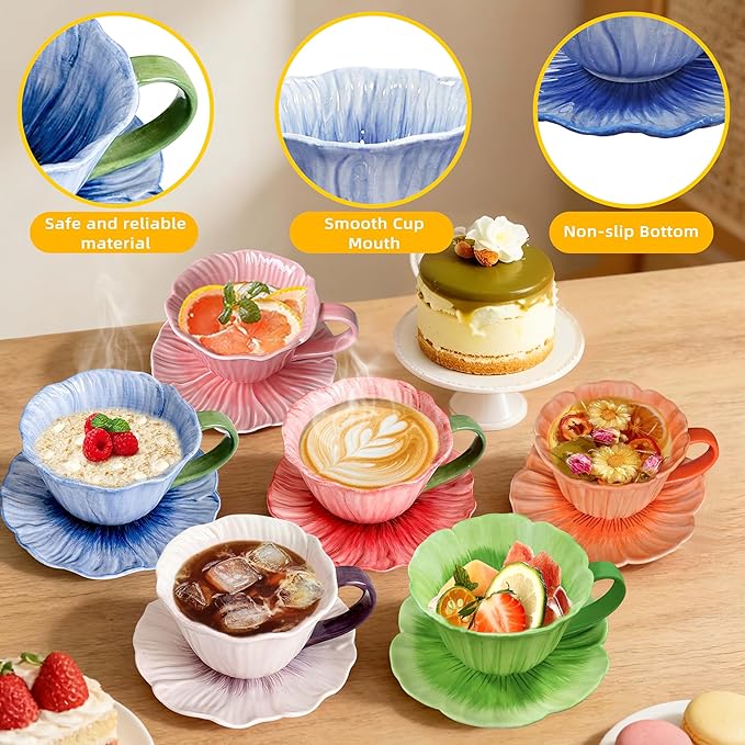 JUSONEY 10 oz Tea Cups and Saucers, Ceramic Flower-shaped Cappuccino Cup, Latte Cup and Saucer set, elegant floral Espresso Cup set, cups are microwave and dishwasher safe-Green
