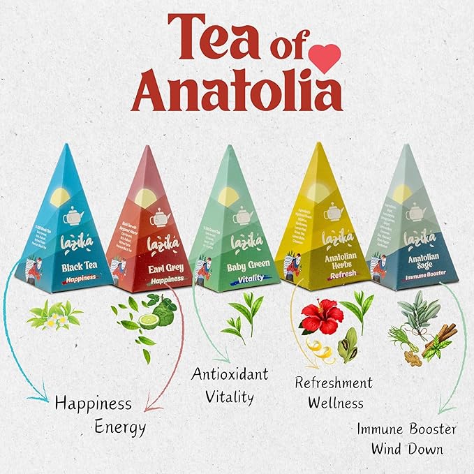 Lazika Tea Sampler with Lovely Presentation Box, 10 Counts, 2 of Each Blend Individually Wrapped, Black, Green and Herbal Tea Variety Gift Set, Premium Collection with Pyramid Infuser Bag, Handcrafted