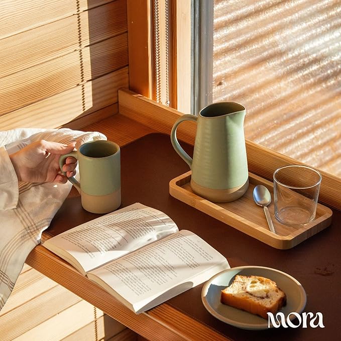 MORA Ceramics Tea Cup with Loose Leaf Infuser, Spoon and Lid, 12 oz, Microwave and Dishwasher Safe Coffee Mug - Rustic Matte Ceramic Glaze, Modern Herbal Tea Strainer - Great Gift for Women, Thyme