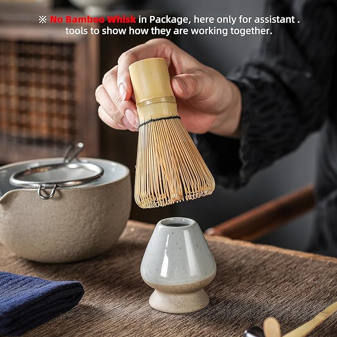 TEANAGOO 2 Pcs Matcha Bowl with Spout, Ceramic 18 OZ Matcha Bowl Set and Whisk Holder, Matcha Chawan, Grey Matcha Cup with Stand, Green Tea Mixing Bowl, Gift Set for Matcha Lover