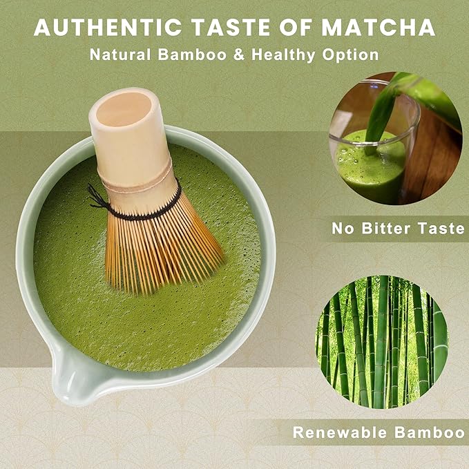 Matcha Set: Matcha Bowl with Spout, Whisk, Whisk Holder, Bamboo Spoon & Scoop - 6 Pcs, Green, Bamboo