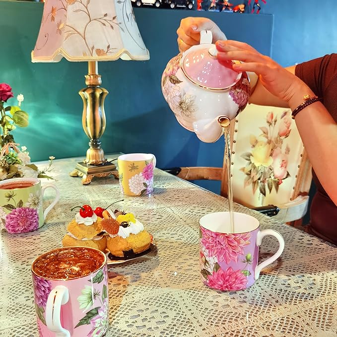 Bone China Teapot, English Teaset, Dahlia Floral Design with Golden Rim, 37 Oz