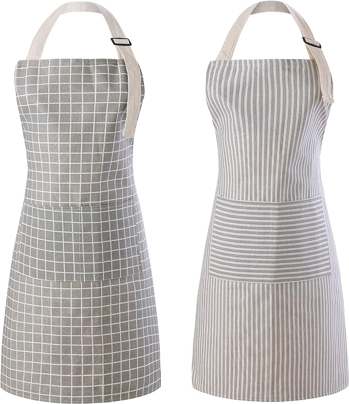 Tosewever 2 Pieces Kitchen Cooking Aprons, Waterproof Linen Adjustable Bib Aprons with 2 Pockets for Women Men Chef (Grey Stripes/Plaids, 2) by Tosewever