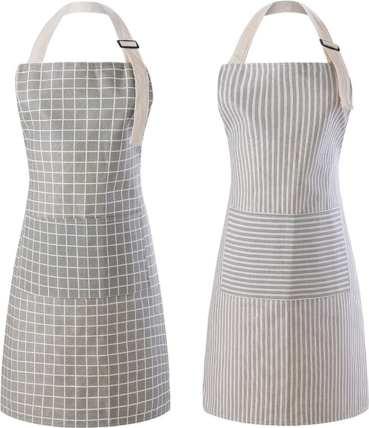 Tosewever 2 Pieces Kitchen Cooking Aprons, Waterproof Linen Adjustable Bib Aprons with 2 Pockets for Women Men Chef (Grey Stripes/Plaids, 2) by Tosewever