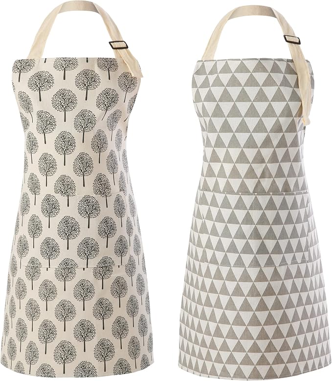 Tosewever 2 Pieces Cotton Linen Waterproof Bib Apron with 2 Pockets - Long Ties Adjustable Neck Strap - Unisex Cooking Kitchen Decorative Pattern Aprons for Women Chef (Triangle/Tree, 2) by Tosewever
