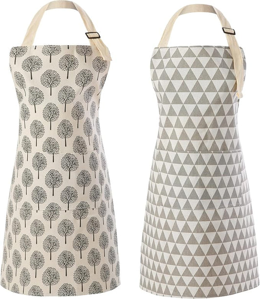 Tosewever 2 Pieces Cotton Linen Waterproof Bib Apron with 2 Pockets - Long Ties Adjustable Neck Strap - Unisex Cooking Kitchen Decorative Pattern Aprons for Women Chef (Triangle/Tree, 2) by Tosewever